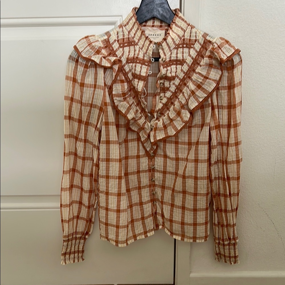 NWOT Sezane Marty Shirt in Oliverio - Cream Ruffled Bib Collar Blouse